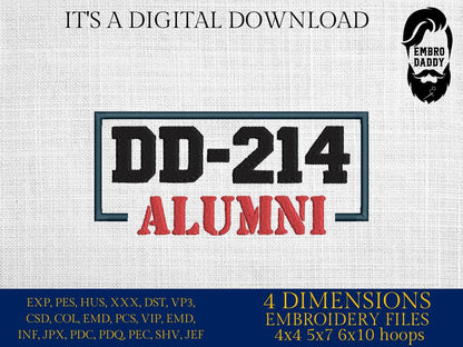Machine Embroidery, DD _214 alumni , veteran lover gift idea PES, xxx, hus & more, embroidery files, patriotic