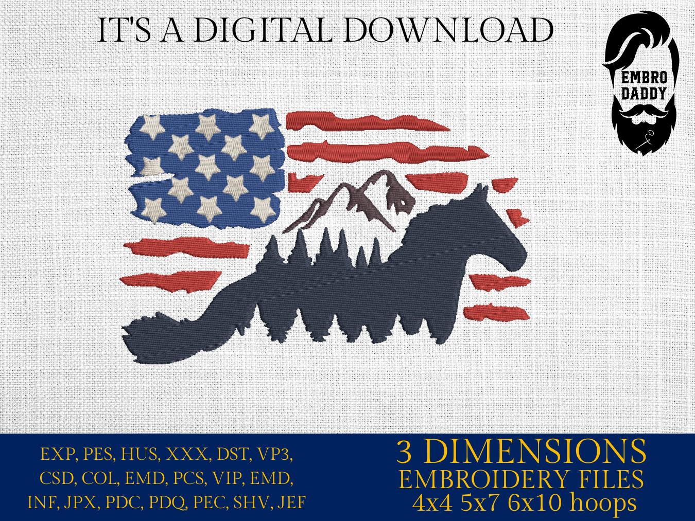 Machine Embroidery files, Usa flag horse, embroidery files, landscape, PES, dst, xxx, hus & more