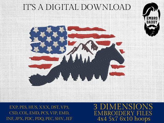 Machine Embroidery files, Usa flag horse, embroidery files, landscape, PES, dst, xxx, hus & more