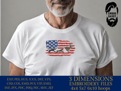 Machine Embroidery files, Hounds hunting deer USA Flag, PES, DST, xxx, hus & more