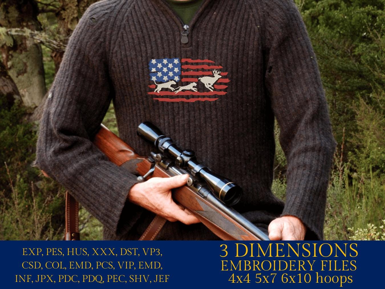 Machine Embroidery files, Hounds hunting deer USA Flag, PES, DST, xxx, hus & more