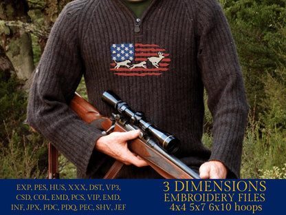 Machine Embroidery files, Hounds hunting deer USA Flag, PES, DST, xxx, hus & more