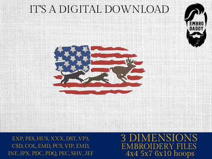 Machine Embroidery files, Hounds hunting deer USA Flag, PES, DST, xxx, hus & more
