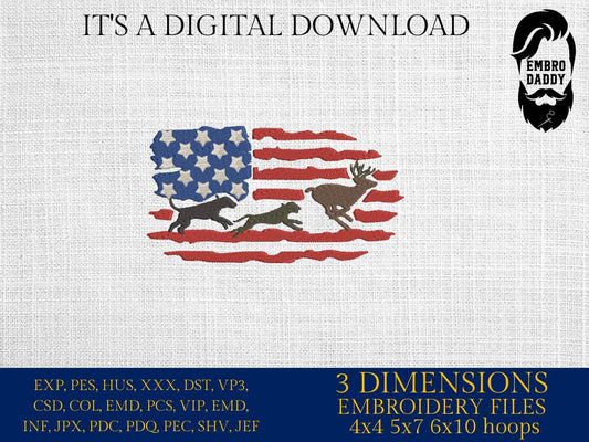 Machine Embroidery files, Hounds hunting deer USA Flag, PES, DST, xxx, hus & more