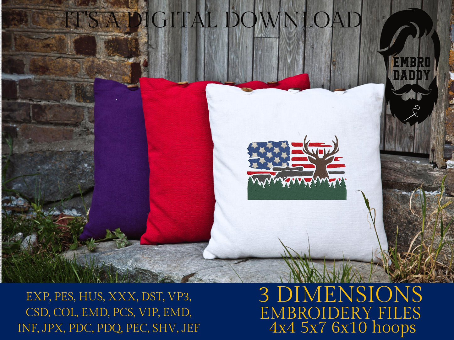 Machine Embroidery files, USA Flag, deer hunting, rifle, forest, PES, DST, xxx, hus & more