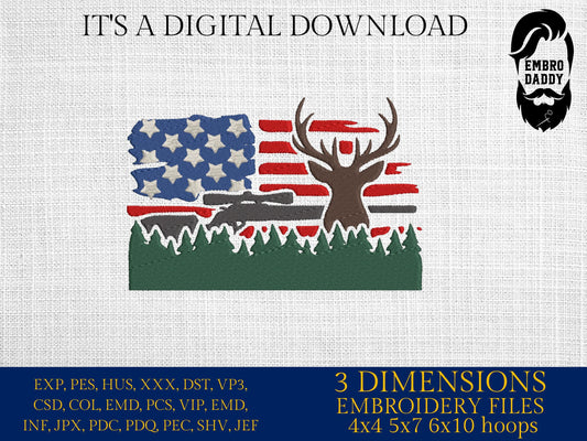 Machine Embroidery files, USA Flag, deer hunting, rifle, forest, PES, DST, xxx, hus & more