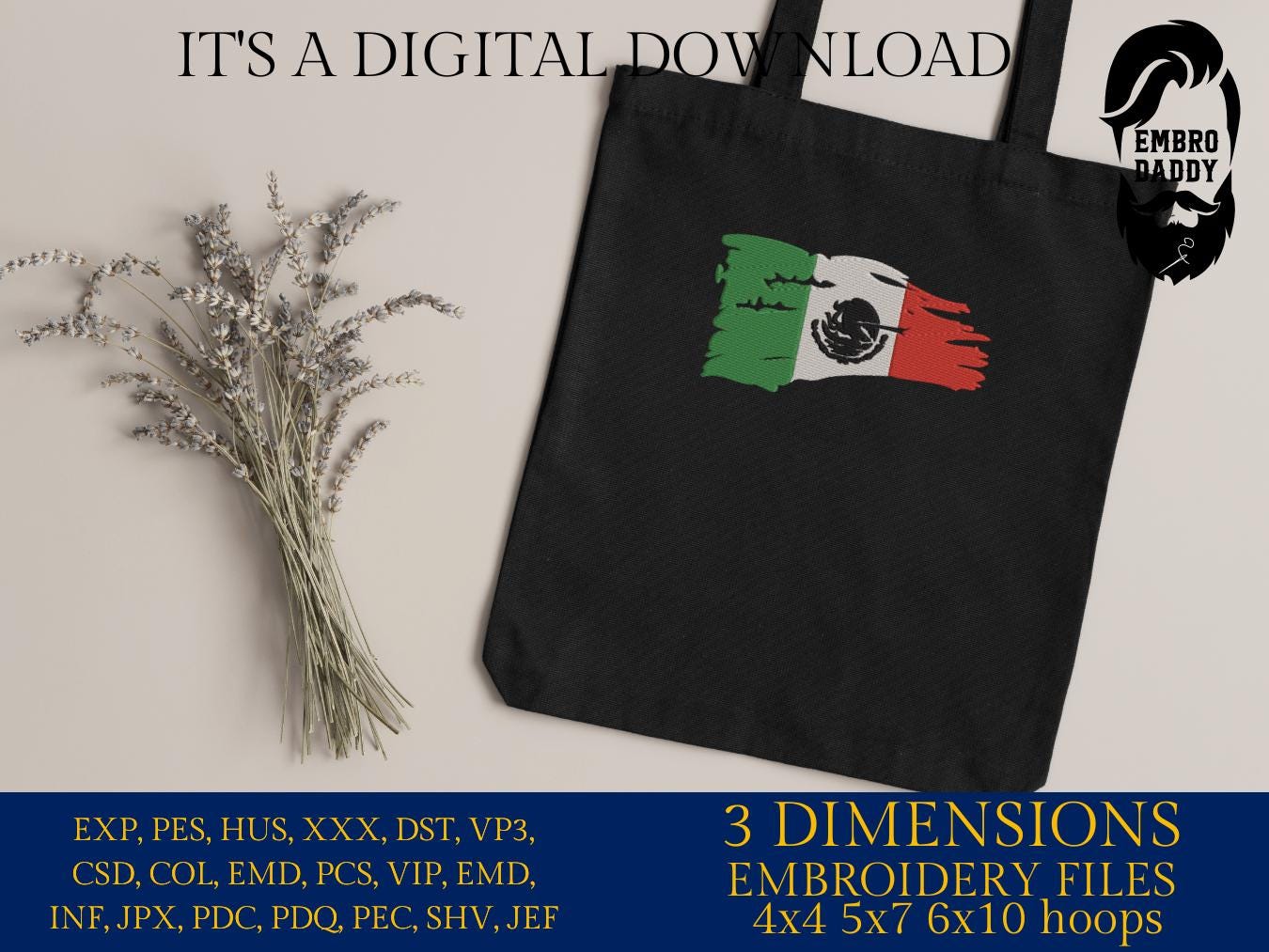 Machine Embroidery, Mexico distressed flag, gift idea PES, xxx, hus & more