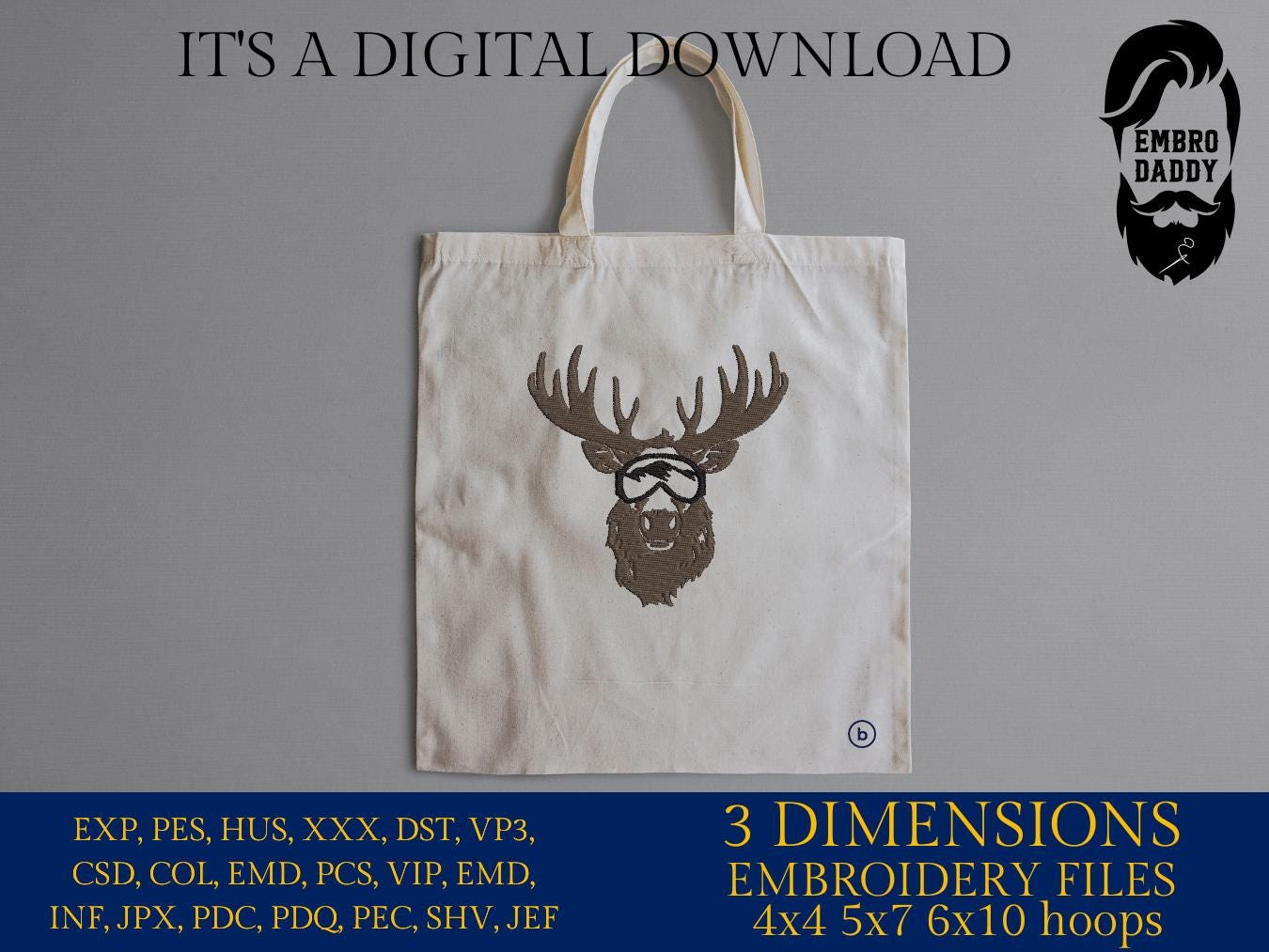 Machine Embroidery files, moose skier, ski google, PES, DST, xxx, hus & more