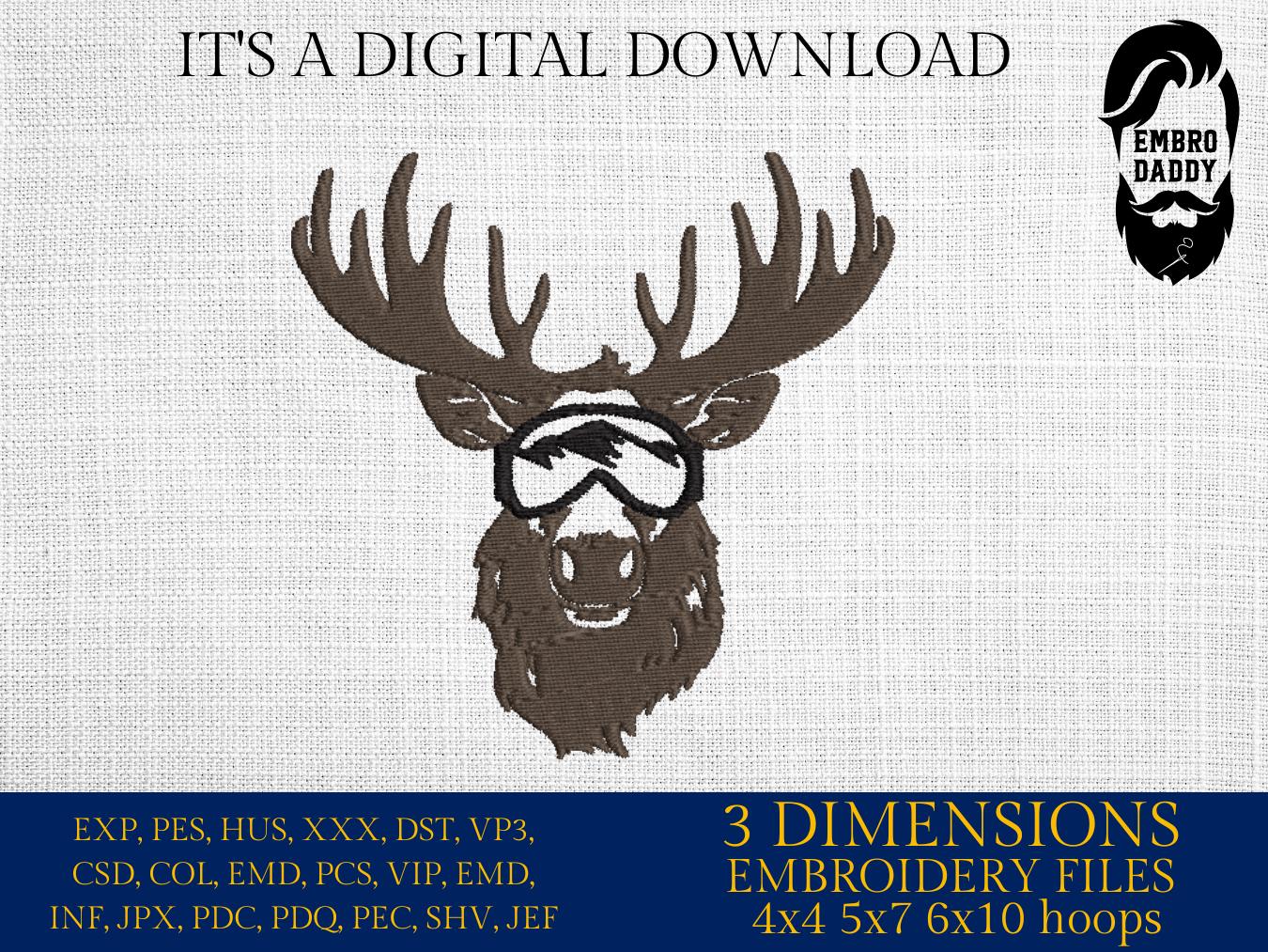 Machine Embroidery files, moose skier, ski google, PES, DST, xxx, hus & more