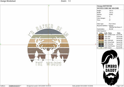 Machine Embroidery files, I'd rather be in the woods, deer antler mountain, nature Design landscape, PES, dst, xxx, hus & more