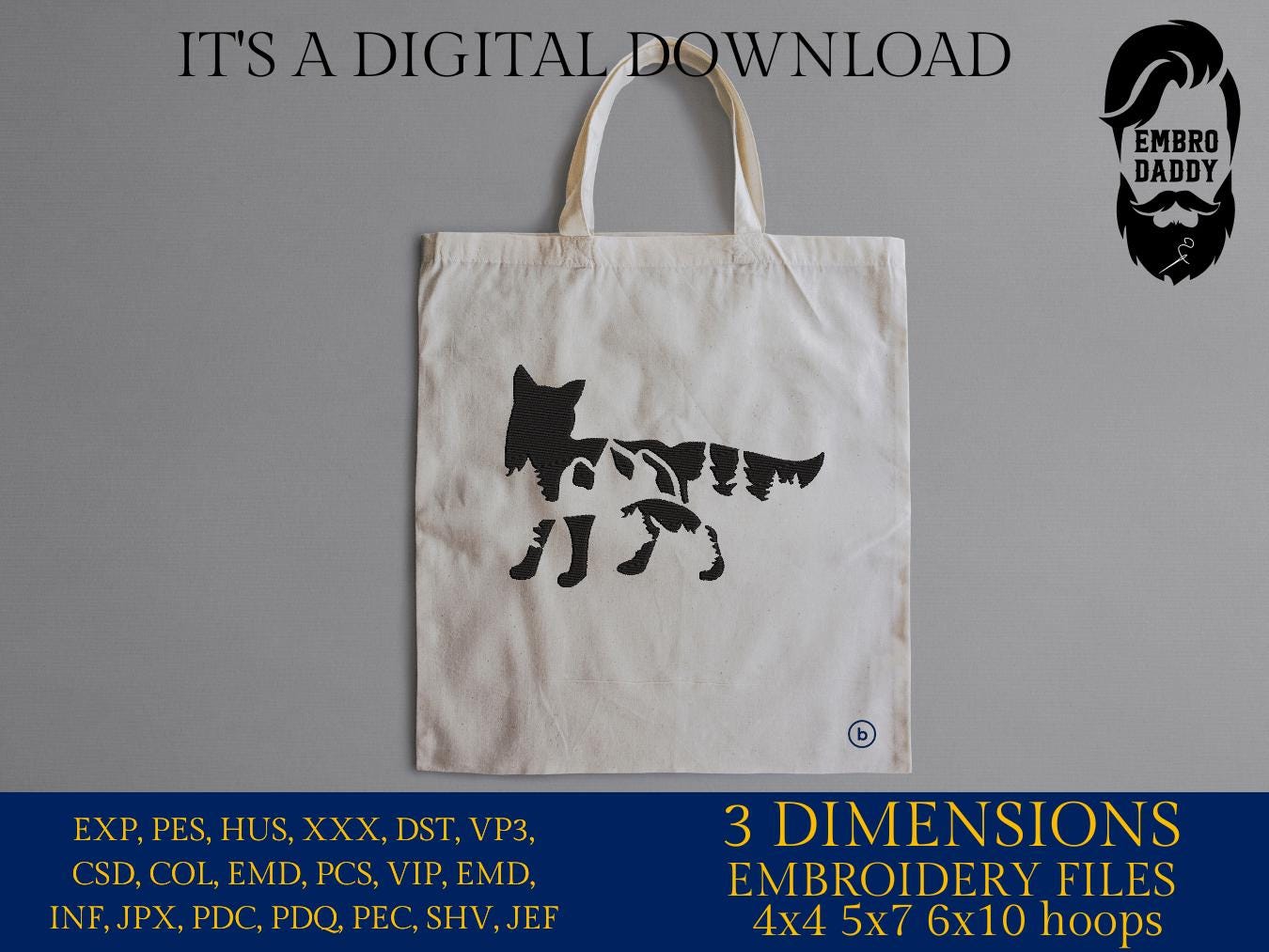 Machine Embroidery files, Fox mountains landscape, PES, dst, xxx, hus & more