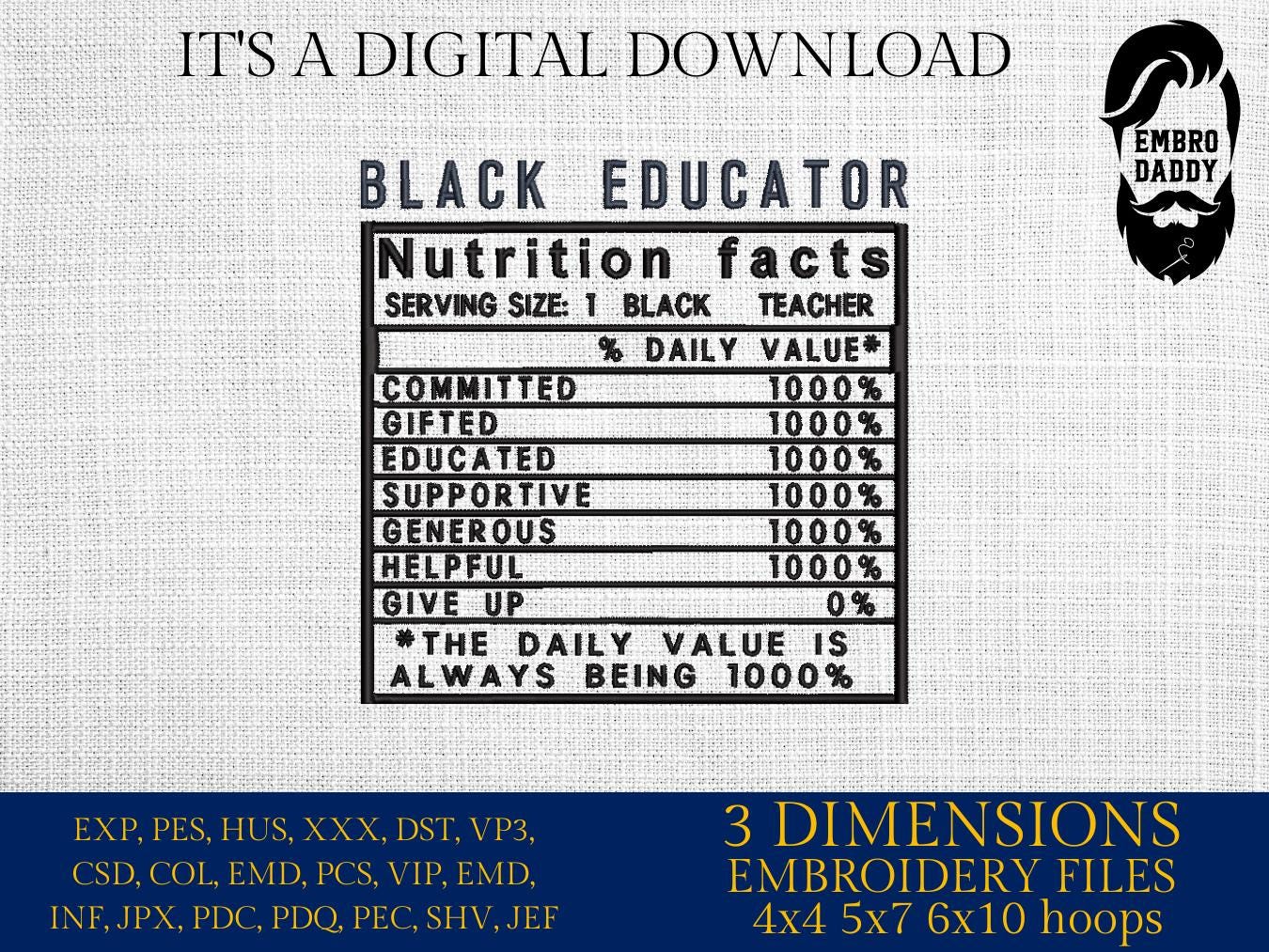 Machine Embroidery files, Black Educator facts, PES, dst xxx, hus & more