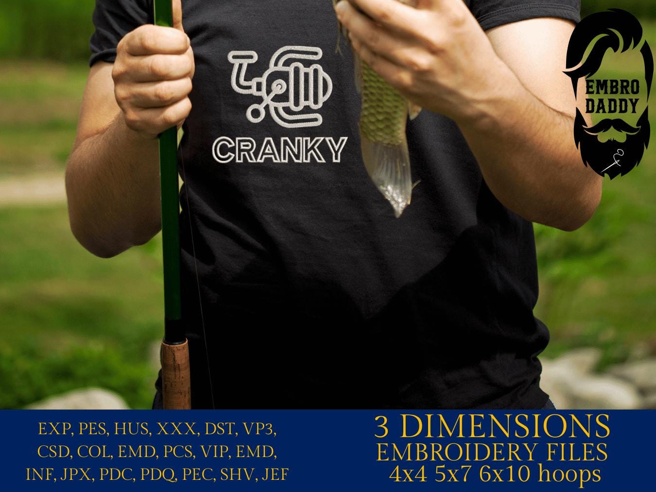 Machine Embroidery files, Cranky Fish, Funny Fishing, Fishing Reel, Fisherman Gift, Fisher Man, Fishing Gift, Fish Love PES, xxx, hus & more