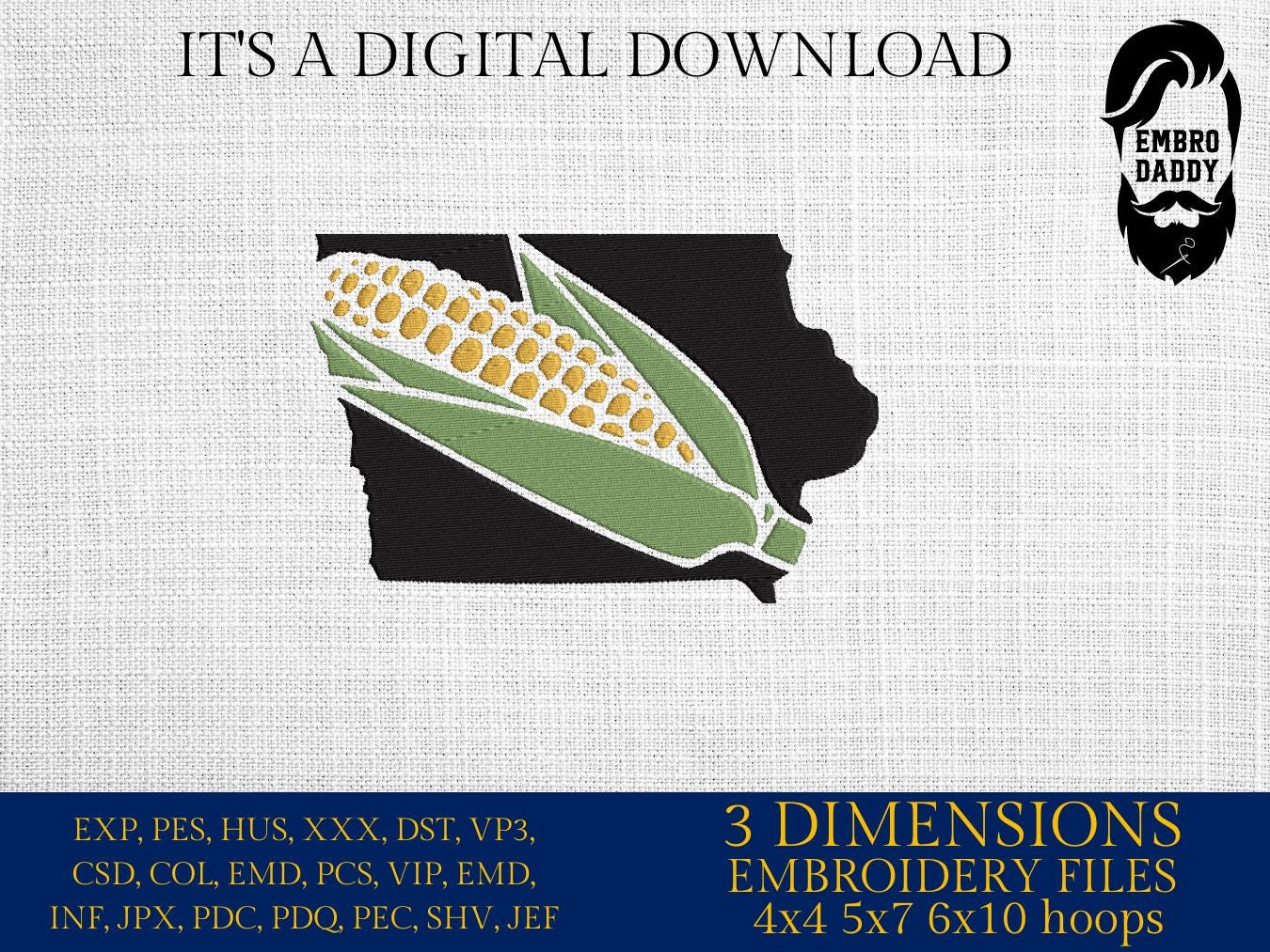 Machine Embroidery files, Iowa corn cob, DST, PES, xxx hus & more,