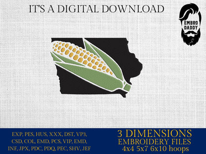 Machine Embroidery files, Iowa corn cob, DST, PES, xxx hus & more,