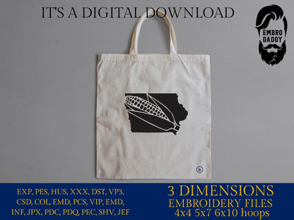 Machine Embroidery files, Iowa corn cob, DST, PES, xxx hus & more,