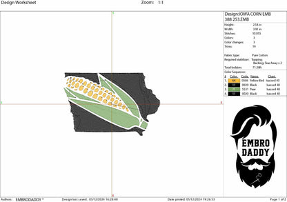 Machine Embroidery files, Iowa corn cob, DST, PES, xxx hus & more,