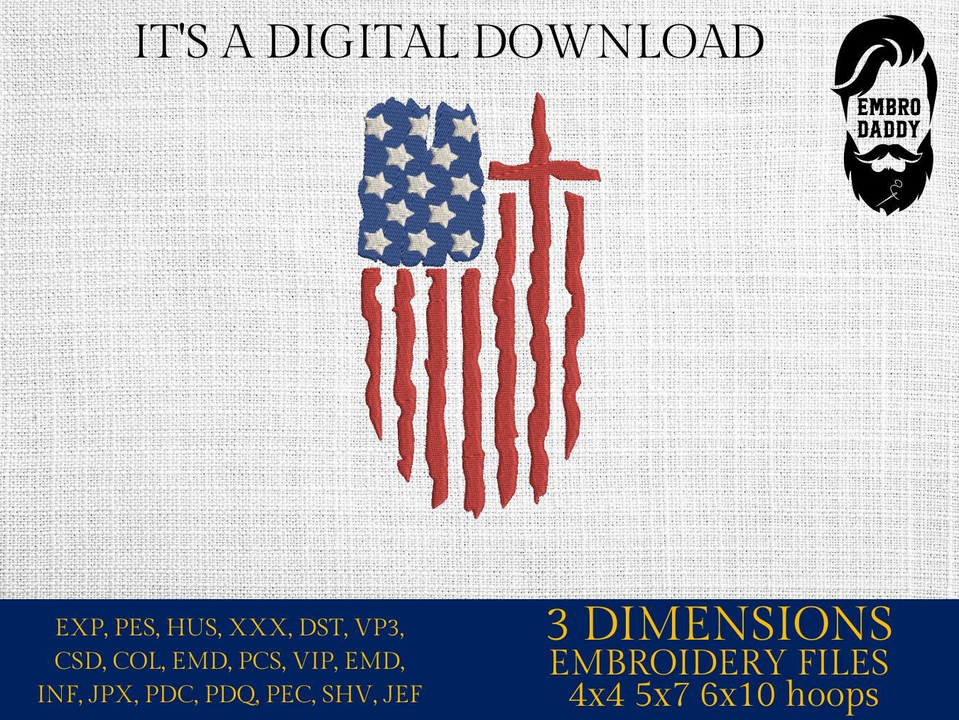 Machine Embroidery files, USA flag Cross, PES, xxx, hus & more