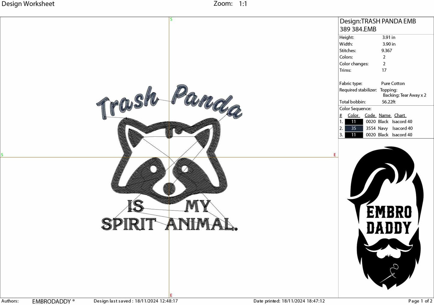 Machine Embroidery files, Trash Panda is my spirit animal, PES, dst, xxx, hus & more