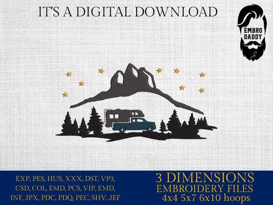 Machine Embroidery files, Pickup Truck Camper, Mountain Forest, Camping in the Woods Silhouette, RV, Trailer, PES, hus, dst, vp3 & more