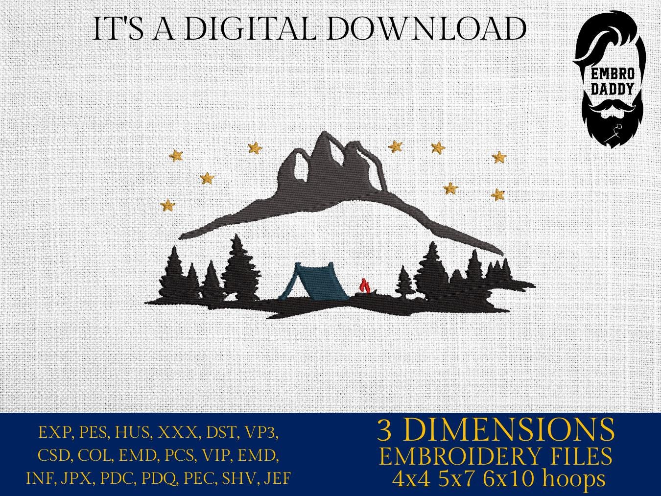 Machine Embroidery files, Tend, Mountain Forest, Camping in the Woods Silhouette, PES, hus, dst, vp3 & more