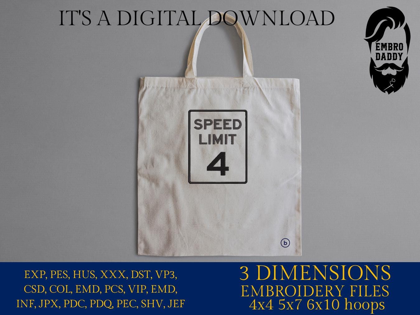 Machine Embroidery files, Speed Limit 4 MPH, Road Sign, Birthday, Party Decor, PES, DST, xxx, hus & more