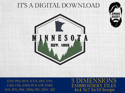 Machine Embroidery files, Minnesota, est 1858, DST, PES, xxx hus & more,