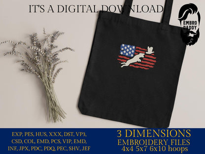 Machine Embroidery files, dog hunting, Pheasant Hunting Svg, Pheasant Svg, Pheasant flying USA Flag, PES, DST, xxx, hus & more