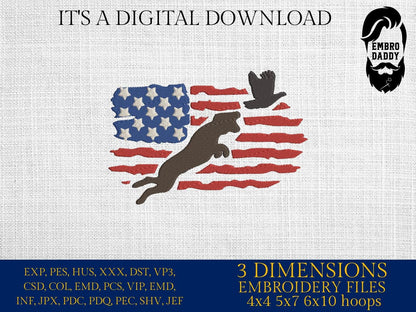 Machine Embroidery files, dog hunting, Pheasant Hunting Svg, Pheasant Svg, Pheasant flying USA Flag, PES, DST, xxx, hus & more