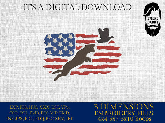 Machine Embroidery files, dog hunting, Pheasant Hunting, Pheasant, Pheasant flying USA Flag, PES, DST, xxx, hus & more