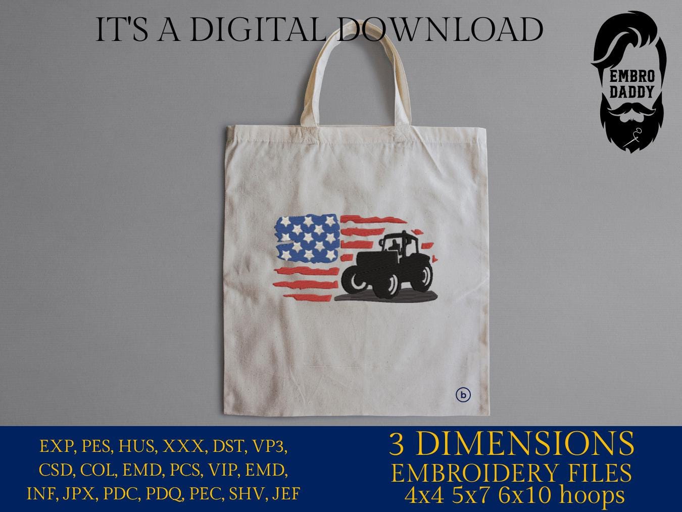 Machine Embroidery files, USA flag, Tractor, PES, dst, xxx, hus & more