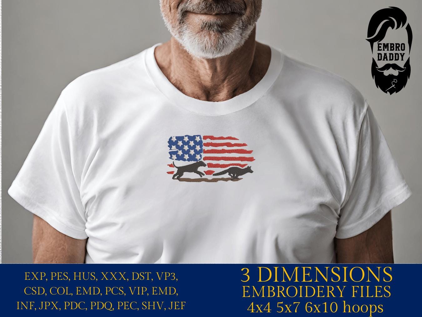 Machine Embroidery files, dog hunting, fox Hunting, fox, USA Flag, PES, DST, xxx, hus & more