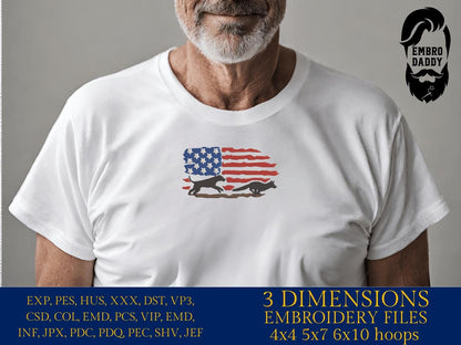 Machine Embroidery files, dog hunting, fox Hunting, fox, USA Flag, PES, DST, xxx, hus & more