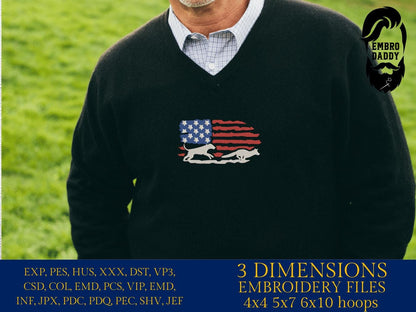 Machine Embroidery files, dog hunting, fox Hunting, fox, USA Flag, PES, DST, xxx, hus & more