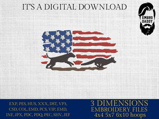 Machine Embroidery files, dog hunting, fox Hunting, fox, USA Flag, PES, DST, xxx, hus & more