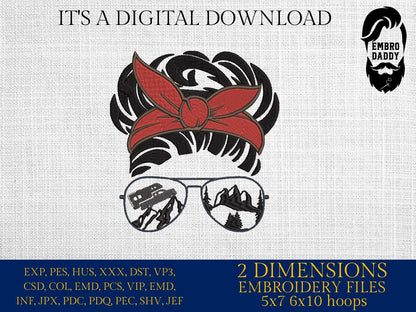 Machine Embroidery files, messy bun Sunglass, Pickup Truck Camper, RV, Trailer, embroidery files, Gift Idea, PES, xxx, hus & more