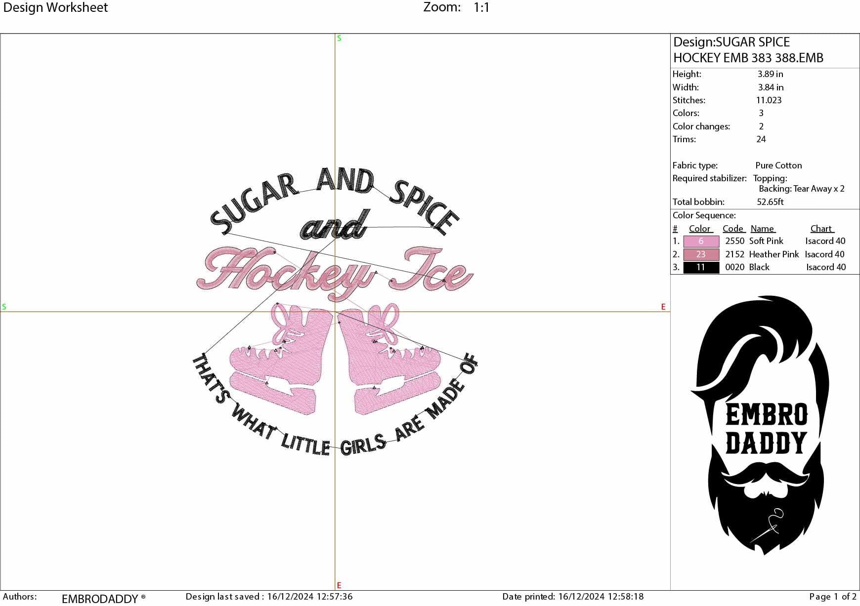 Machine Embroidery, sugar and spice and Hockey ice, Girls Hockey Quote, Hockey Girl Quote, Baby Girl Hockey PES, xxx, hus & more