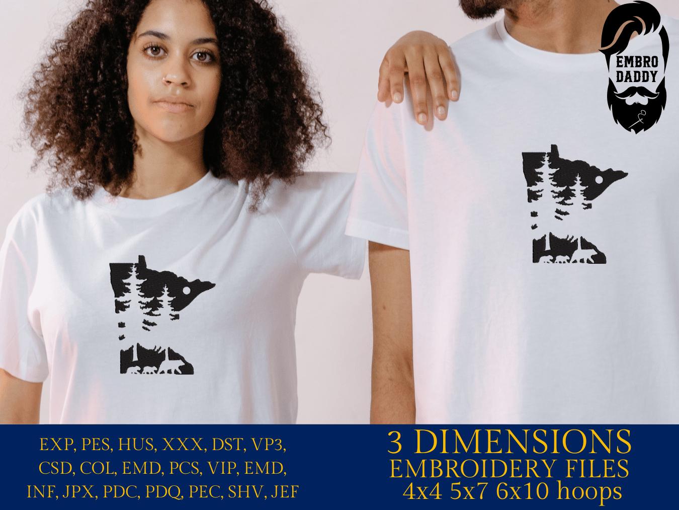 Machine Embroidery files, Minnesota Design with Pine Trees and Bears, Minnesota Outline DST, PES, xxx hus & more,