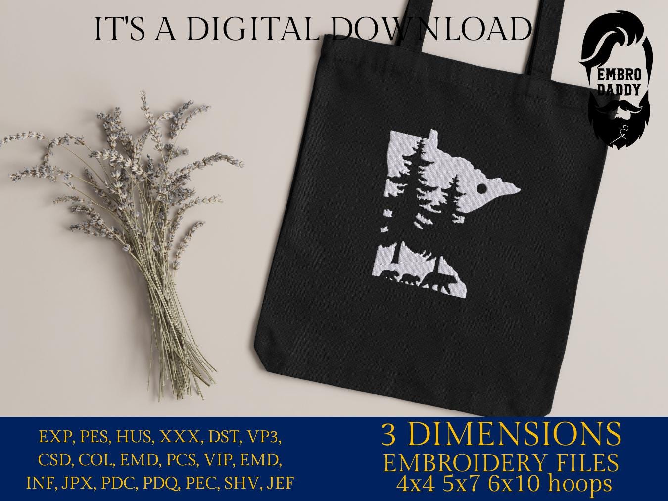 Machine Embroidery files, Minnesota Design with Pine Trees and Bears, Minnesota Outline DST, PES, xxx hus & more,