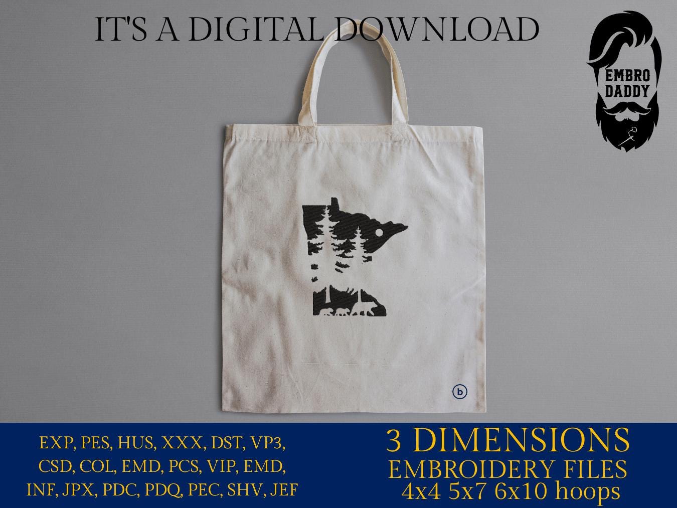 Machine Embroidery files, Minnesota Design with Pine Trees and Bears, Minnesota Outline DST, PES, xxx hus & more,