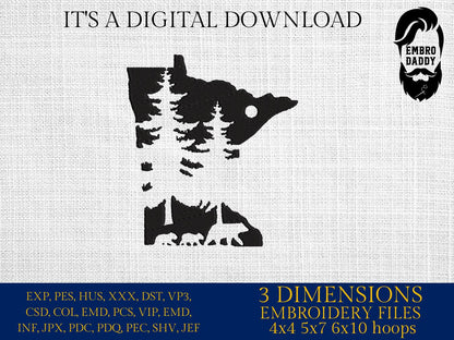 Machine Embroidery files, Minnesota Design with Pine Trees and Bears, Minnesota Outline DST, PES, xxx hus & more,