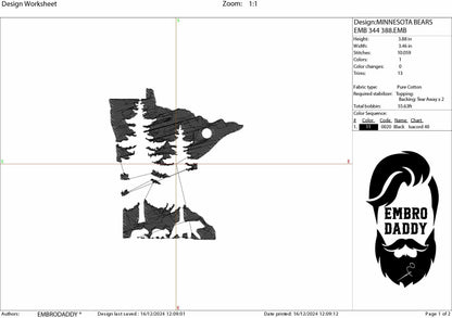 Machine Embroidery files, Minnesota Design with Pine Trees and Bears, Minnesota Outline DST, PES, xxx hus & more,