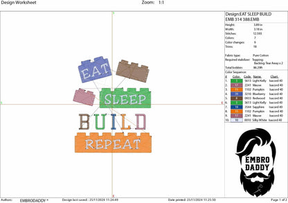 Machine Embroidery files, Eat Sleep Build Repeat, Engineer, Block Bricks, Builder, Master Builder, funny PES, dst, hus, dst, vp3 & more