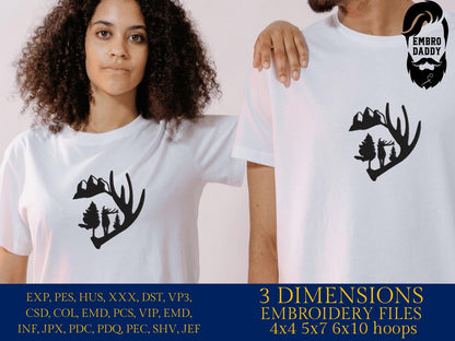 Machine Embroidery files, deer antler mountain embroidery files, hunter Gift Idea, nature Design landscape, PES, dst, xxx, hus & more