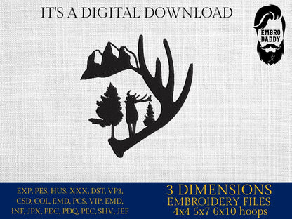 Machine Embroidery files, deer antler mountain embroidery files, hunter Gift Idea, nature Design landscape, PES, dst, xxx, hus & more