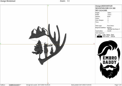 Machine Embroidery files, deer antler mountain embroidery files, hunter Gift Idea, nature Design landscape, PES, dst, xxx, hus & more