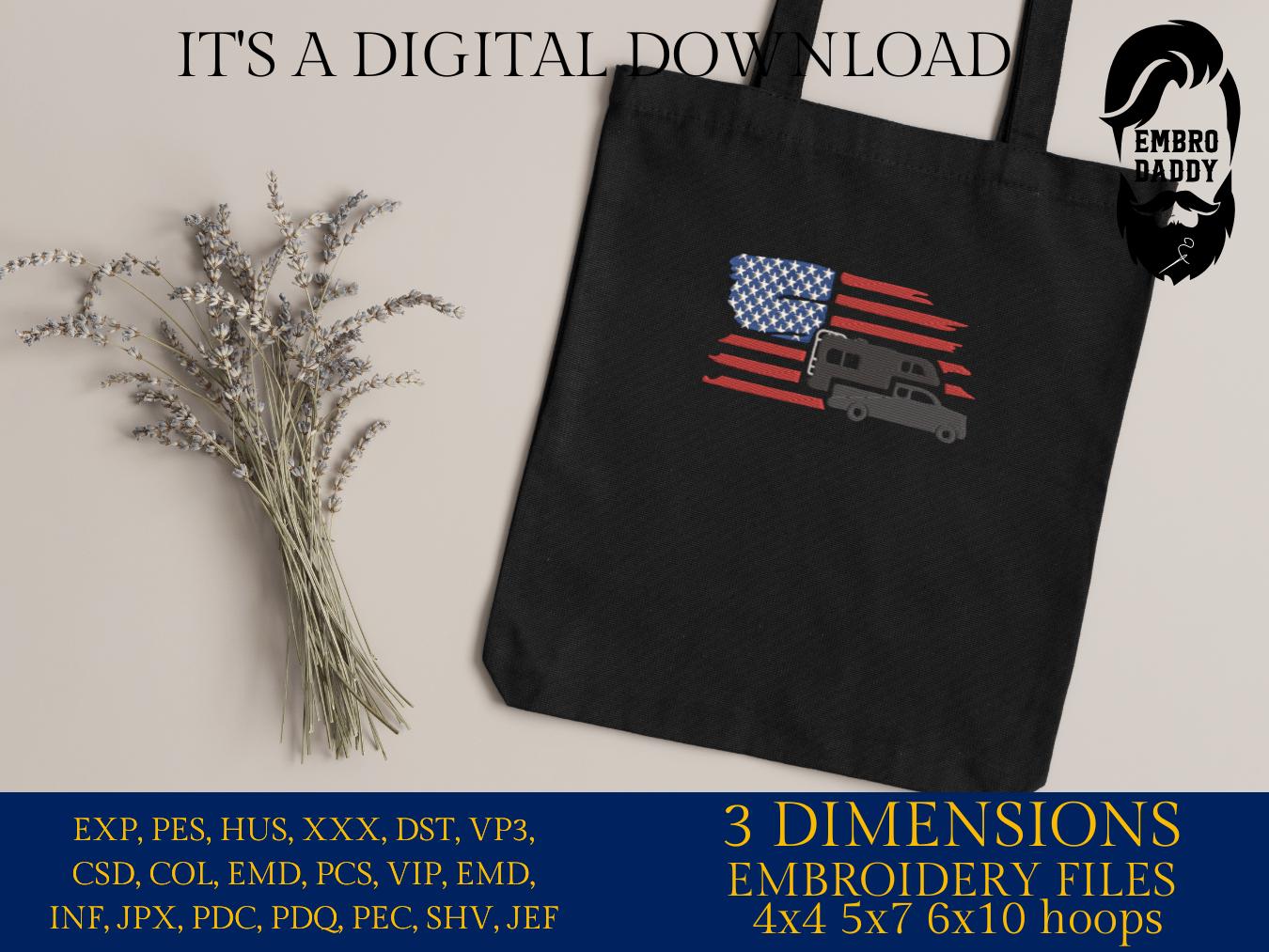 Machine Embroidery files, USA flag, Pickup Truck Camper, RV, Trailer, PES, xxx, dst, hus & more