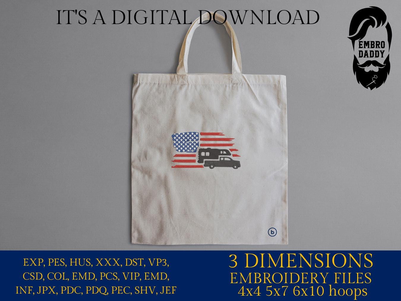 Machine Embroidery files, USA flag, Pickup Truck Camper, RV, Trailer, PES, xxx, dst, hus & more