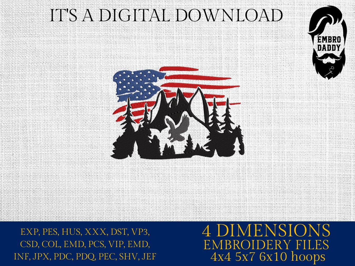 Machine Embroidery files, USA flag eagle, landscape, mountains, PES, xxx, dst, hus & more, embroidery files