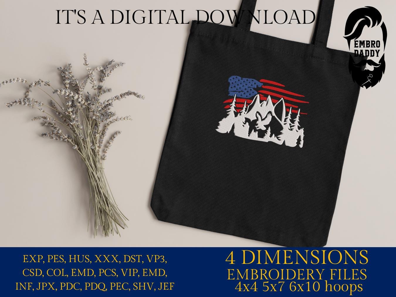 Machine Embroidery files, USA flag eagle, landscape, mountains, PES, xxx, dst, hus & more, embroidery files